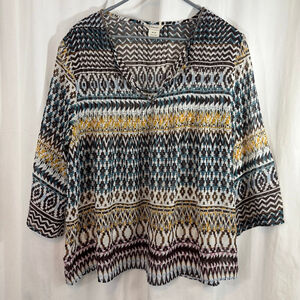 Ariat Boho Sheer Geometric Print Brown Teal Peasant Blouse Size M